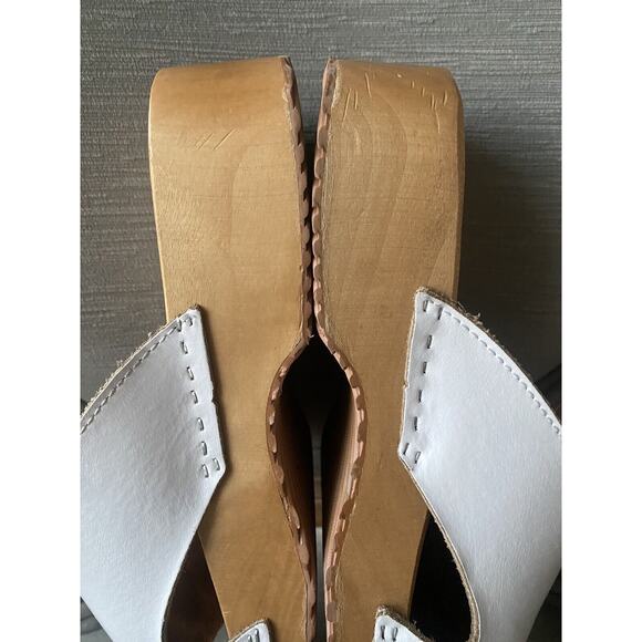 Women's Clogs Mules Sandals Open Toe Slip-On Sz 40,9.5White Leather Cut Out Wood - Picture 6 of 14